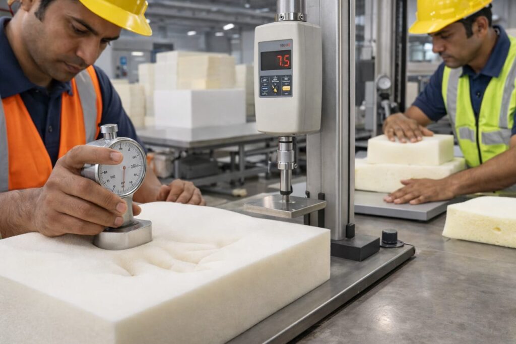 Quality testing of foam density and compression by direct foam manufacturers in New Delhi using industrial testing equipment.