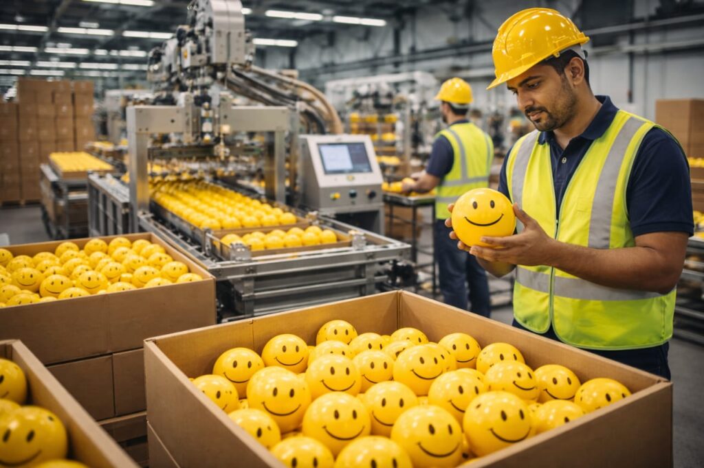 Orthians quality team inspecting smiley balls at our wholesale manufacturing facility